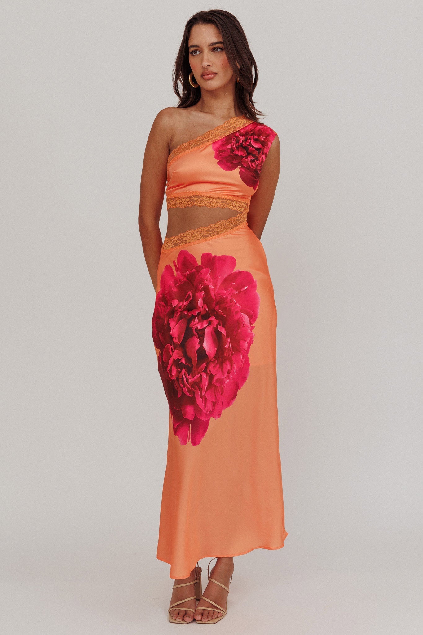 Always Blooming One Shoulder Cut-Out Floral Maxi Dress - Orange