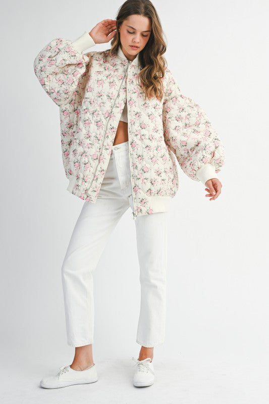 In Bloom Floral Quilted Oversized Bomber Jacket - Off White