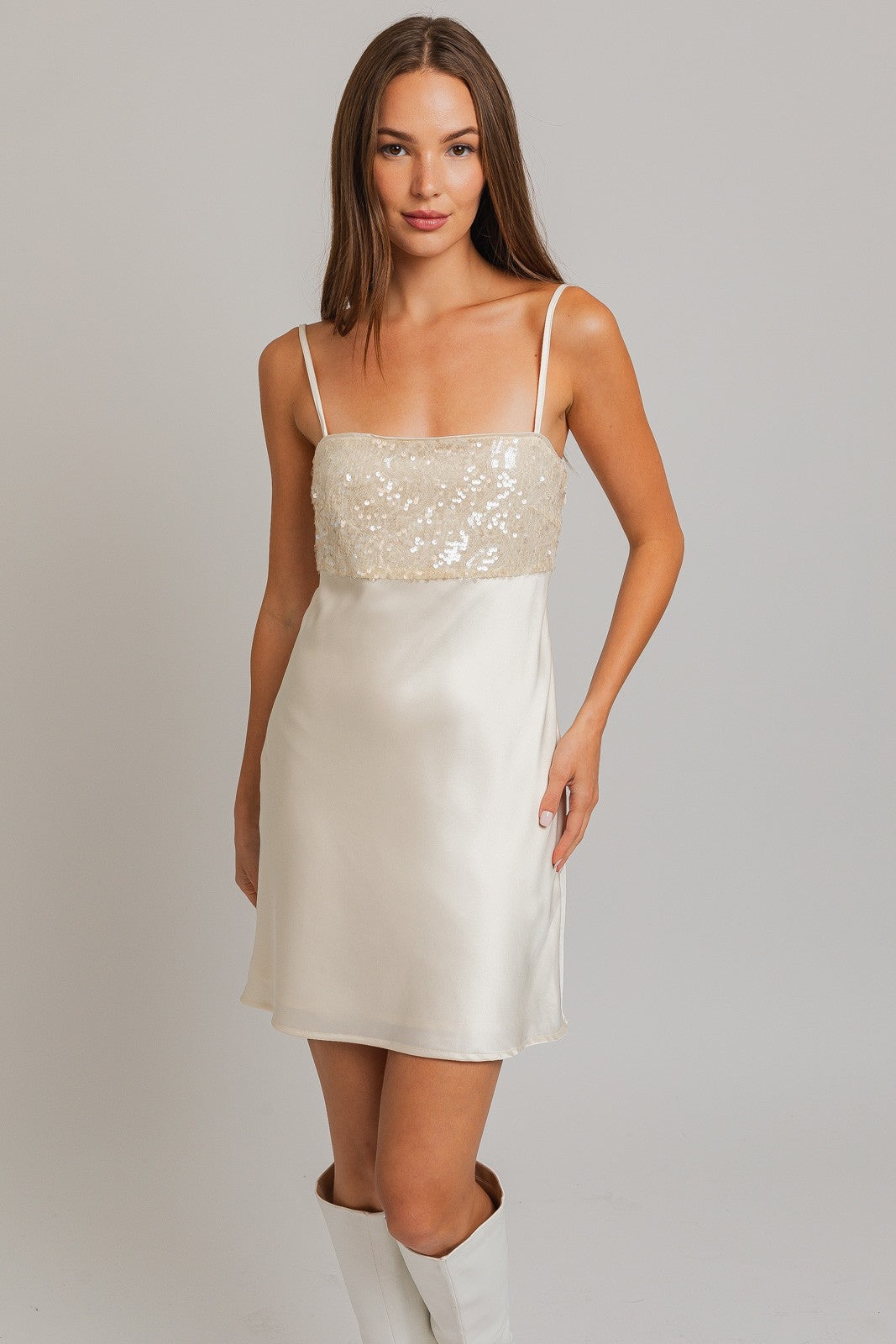 After Hours Satin Sequin Mini Dress - Cream Eureka The Label After Hours Satin Sequin Mini Dress - Cream Eureka The Label