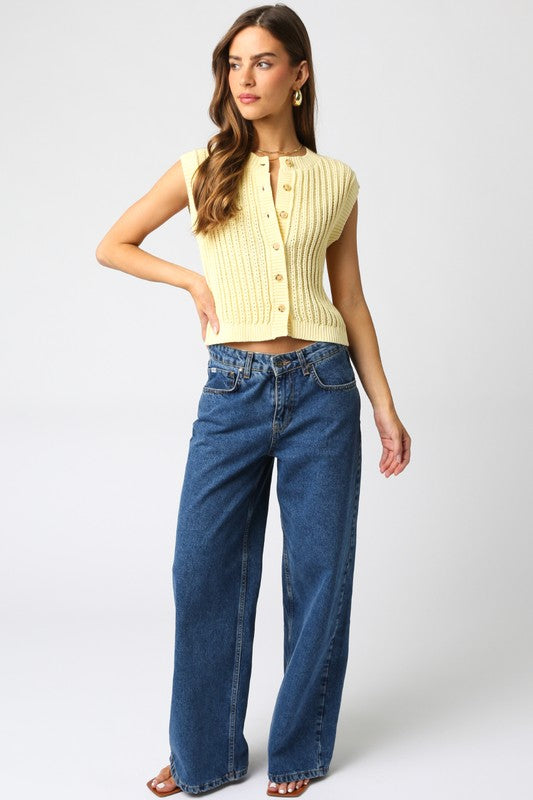 Honey Butter Sleeveless Button Down Sweater Top - Yellow