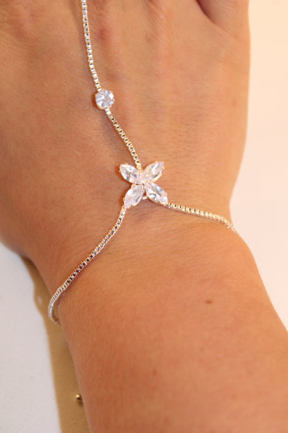 Florentina Four Petal Flower Crystal Hand Chain Bracelet - Gold & Silver