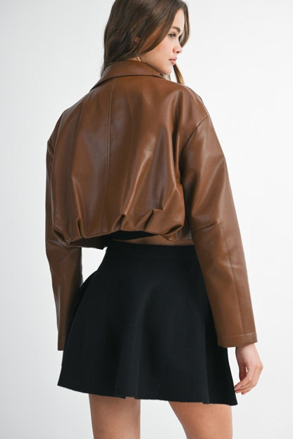 The Bridget Faux Leather Bubble Hem Cropped Bomber Jacket - Brown