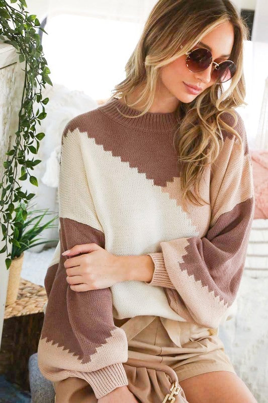 Lauren Oversized Color Block Sweater - Mocha/Taupe