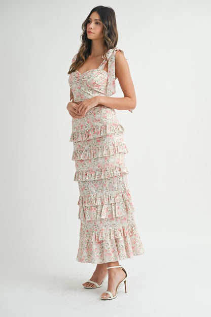 Enchanted Garden Floral Tie Top & Ruffle Tiered Maxi Skirt Set - Pink