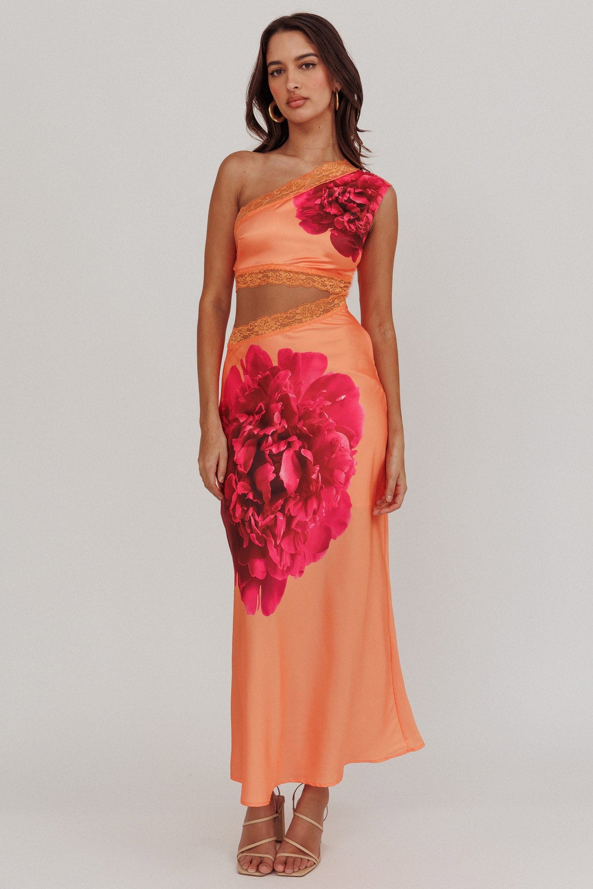 pink and orange floral maxi dress Always Blooming One Shoulder Cut-Out 100% Polyester Hand Wash Core Colors:Deepest Black product-type-Mini Dresses Lulu-B UPF 50+ Long