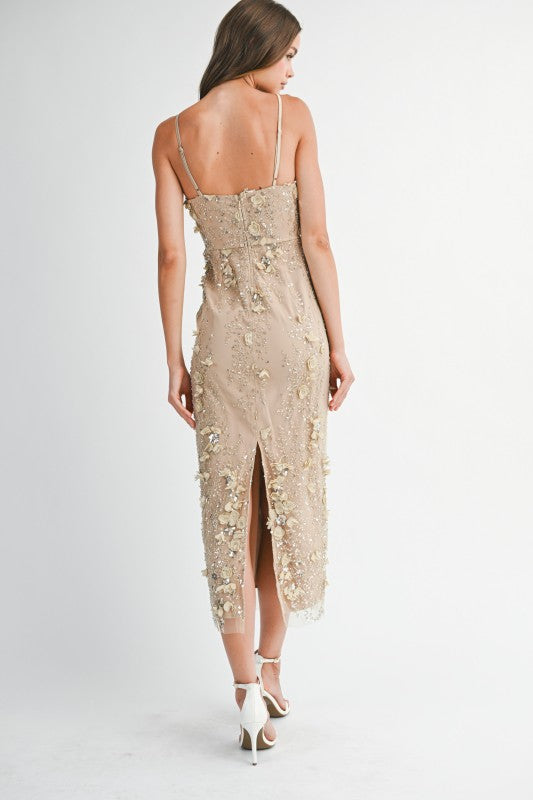 Hazel Sequin Floral Embellished V-Neck Bodycon Maxi Dress - Light Taupe
