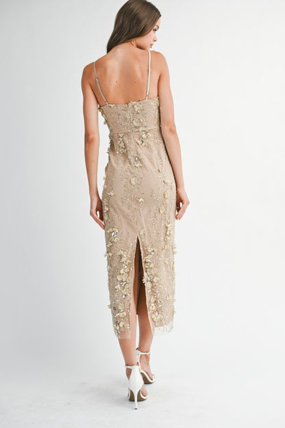Hazel Sequin Floral Embellished V-Neck Bodycon Maxi Dress - Light Taupe
