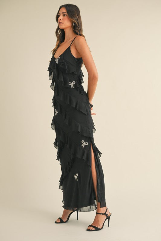 Blaire Ruffle Tiered Bow Rhinestone Maxi Dress - Black