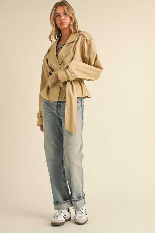 Alice Cropped Belted Trench Coat Jacket - Beige