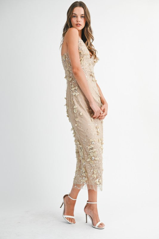 Hazel Sequin Floral Embellished V-Neck Bodycon Maxi Dress - Light Taupe