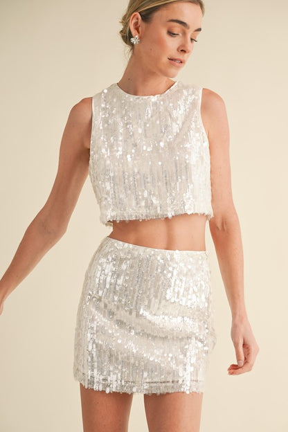 Happily Ever After Sequin Crop Top Mini Skirt Set White