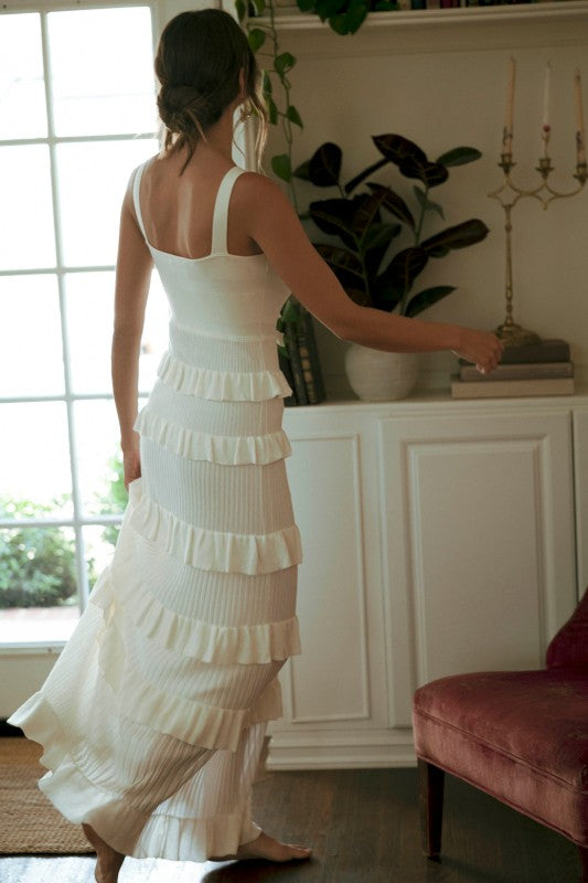 Coco Knit Bow Ruffle Tiered Bodycon Maxi Dress - Off White