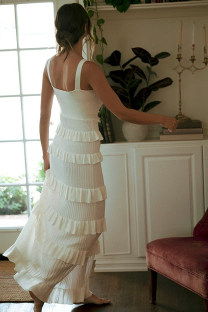 Coco Knit Bow Ruffle Tiered Bodycon Maxi Dress - Off White