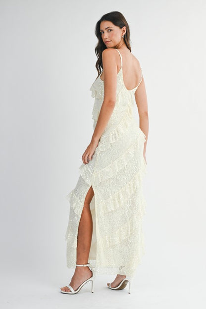 Jade Lace Sequin Ruffle Tiered Maxi Dress - Cream