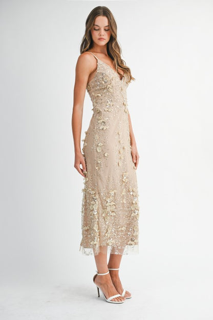 Hazel Sequin Floral Embellished V-Neck Bodycon Maxi Dress - Light Taupe