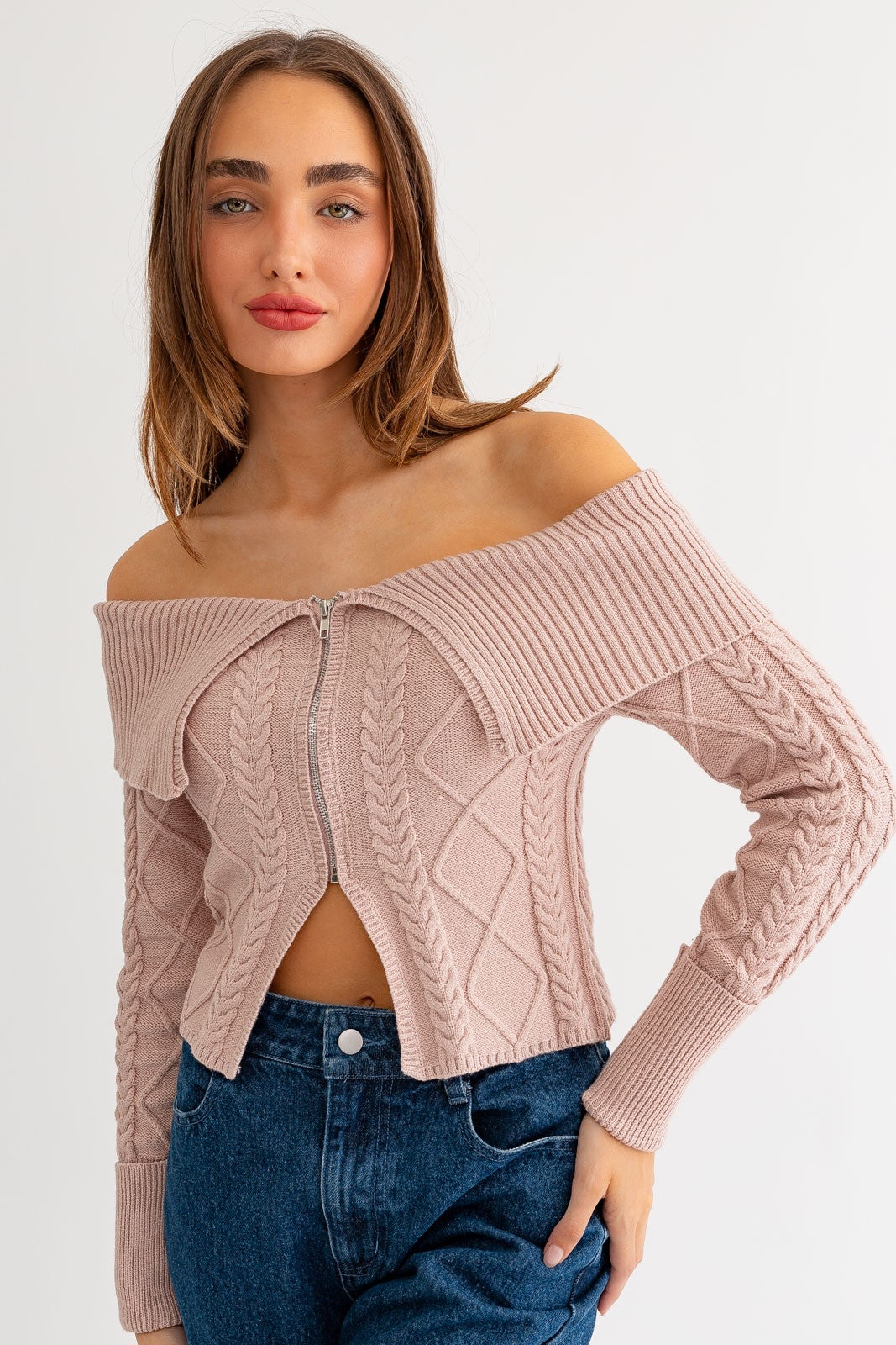 Keep In Touch Cable Knit Sweater Top - Blush