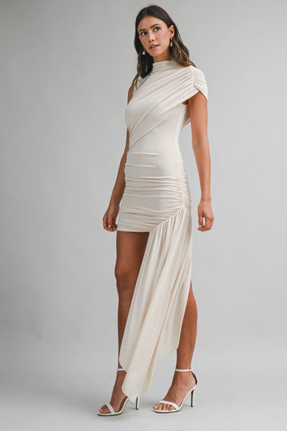 Miss Trendsetter One Shoulder Mock Neck Ruched Mini Dress - Cream