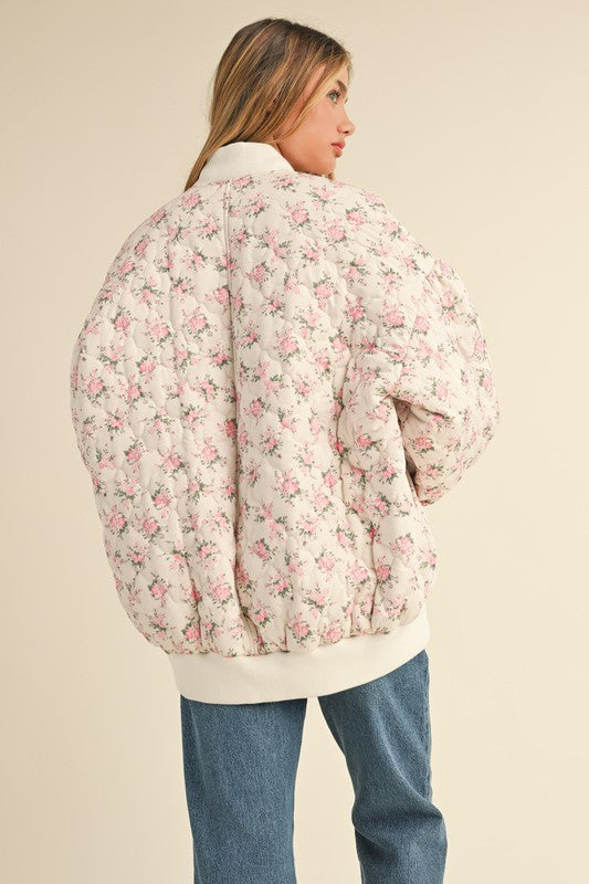 In Bloom Floral Quilted Oversized Bomber Jacket