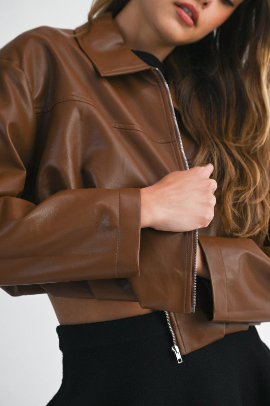 The Bridget Faux Leather Bubble Hem Cropped Bomber Jacket - Brown