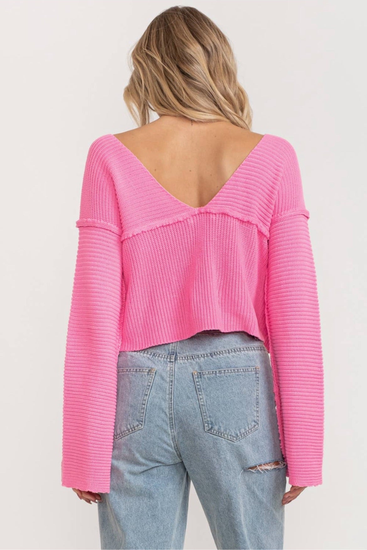 Nova Bell Sleeve Crop Knit Sweater - Hot Pink