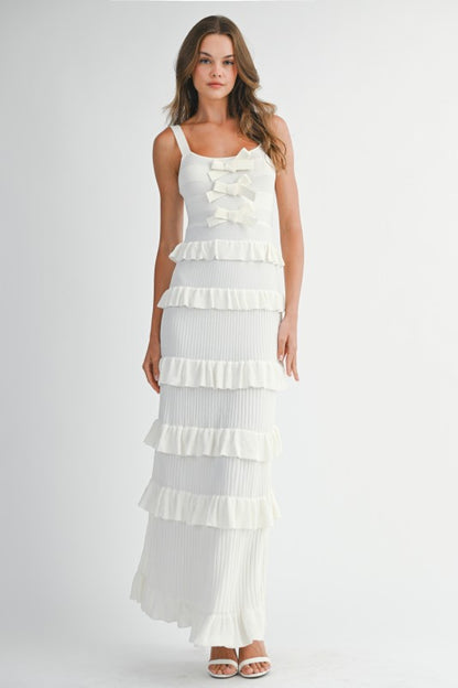 Coco Knit Bow Ruffle Tiered Bodycon Maxi Dress - Off White