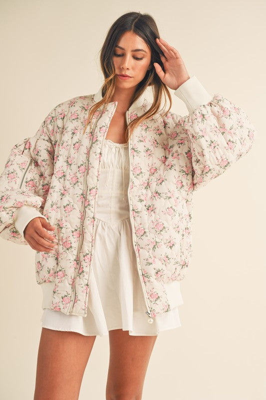 In Bloom Floral Quilted Oversized Bomber Jacket