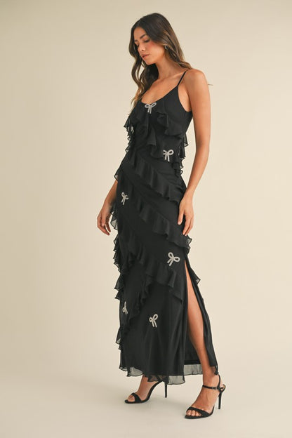 Blaire Ruffle Tiered Bow Rhinestone Maxi Dress - Black