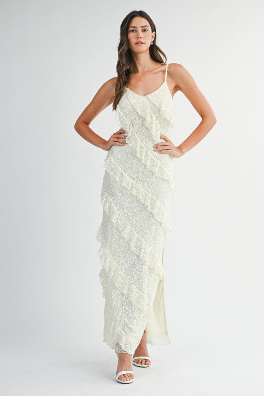 Jade Lace Sequin Ruffle Tiered Maxi Dress - Cream