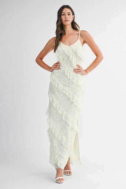 Jade Lace Sequin Ruffle Tiered Maxi Dress - Cream