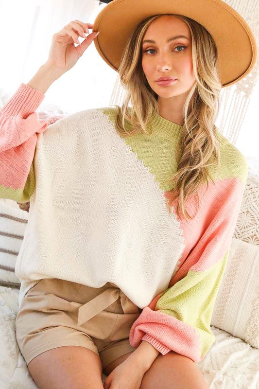 Lauren Oversized Color Block Sweater - Pink/Green