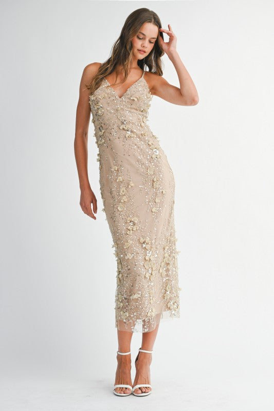 Hazel Sequin Floral Embellished V-Neck Bodycon Maxi Dress - Light Taupe