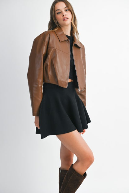 The Bridget Faux Leather Bubble Hem Cropped Bomber Jacket - Brown