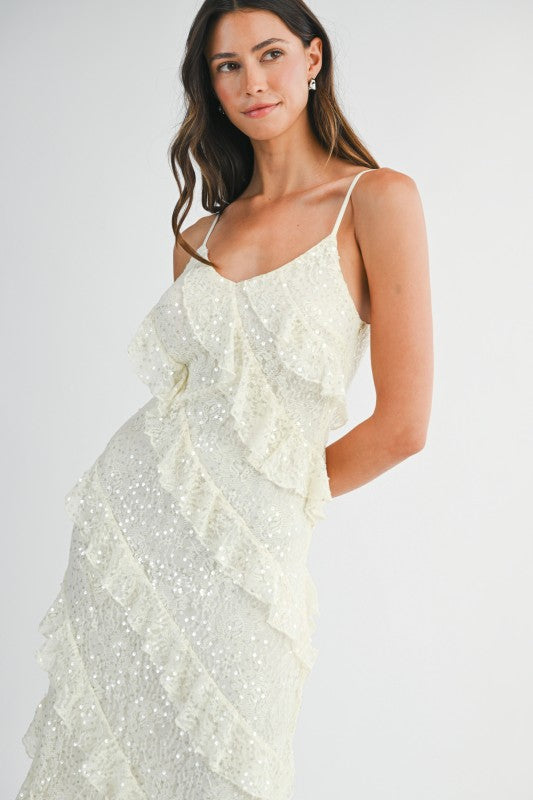 Jade Lace Sequin Ruffle Tiered Maxi Dress - Cream
