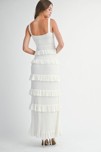 Coco Knit Bow Ruffle Tiered Bodycon Maxi Dress - Off White
