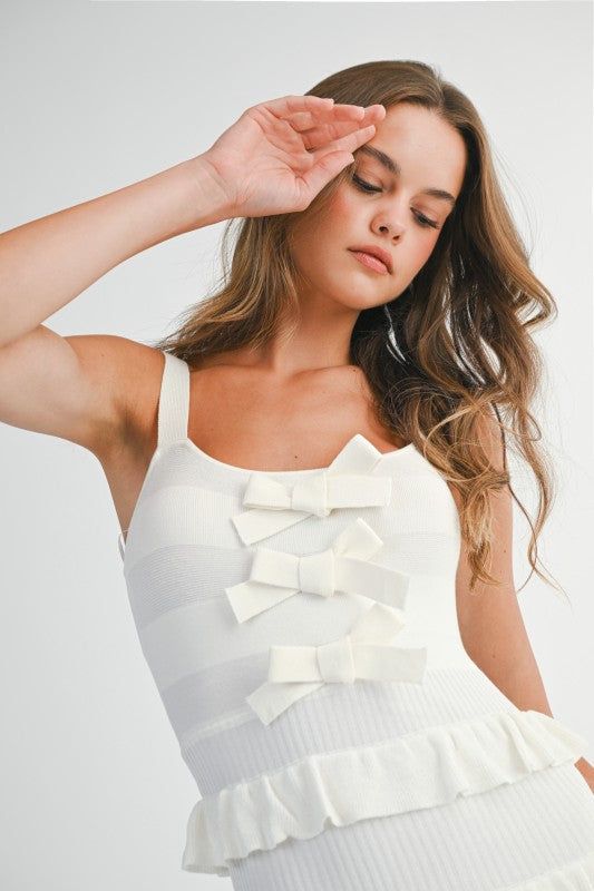 Coco Knit Bow Ruffle Tiered Bodycon Maxi Dress - Off White
