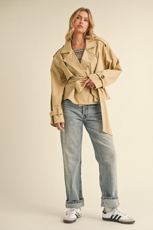 Alice Cropped Belted Trench Coat Jacket - Beige