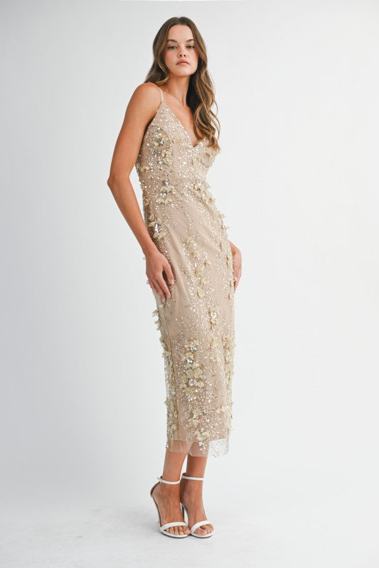 Hazel Sequin Floral Embellished V-Neck Bodycon Maxi Dress - Light Taupe