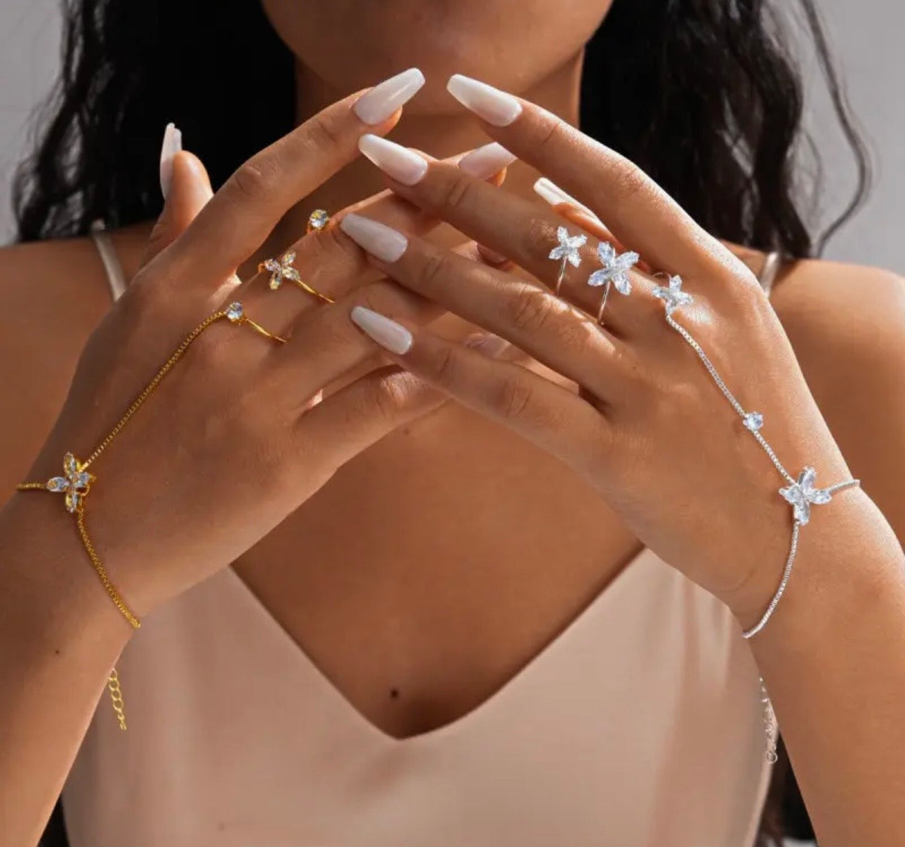 Florentina Four Petal Flower Crystal Hand Chain Bracelet - Gold & Silver