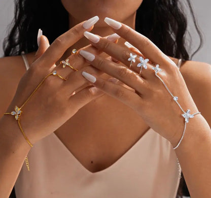 Florentina Four Petal Flower Crystal Hand Chain Bracelet - Gold & Silver