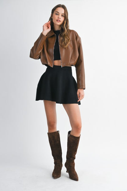 The Bridget Faux Leather Bubble Hem Cropped Bomber Jacket - Brown