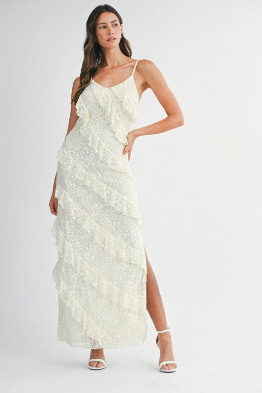 Jade Lace Sequin Ruffle Tiered Maxi Dress - Cream