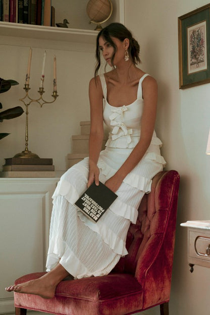 Coco Knit Bow Ruffle Tiered Bodycon Maxi Dress - Off White