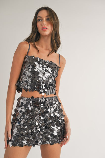 Disco Fever Sequin Crop Top - Charcoal