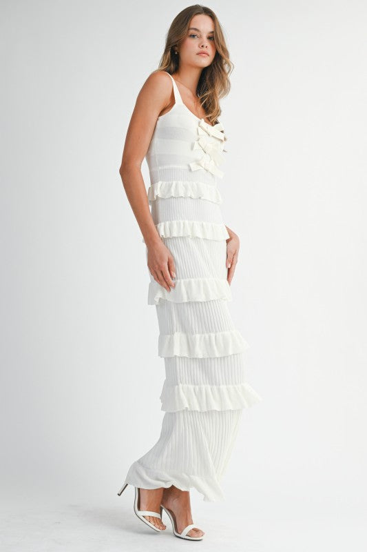 Coco Knit Bow Ruffle Tiered Bodycon Maxi Dress - Off White