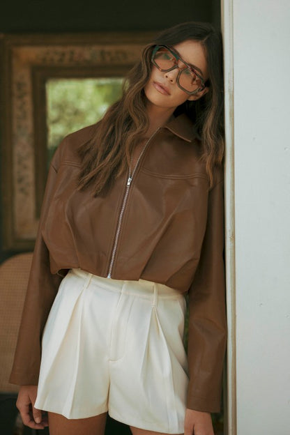 The Bridget Faux Leather Bubble Hem Cropped Bomber Jacket - Brown