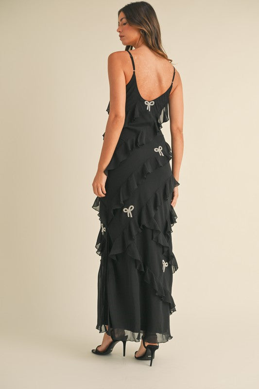 Blaire Ruffle Tiered Bow Rhinestone Maxi Dress - Black