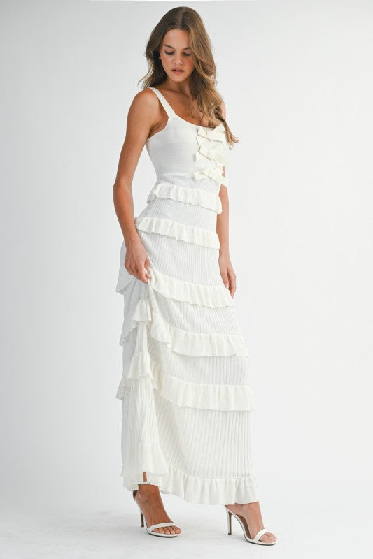 Coco Knit Bow Ruffle Tiered Bodycon Maxi Dress - Off White