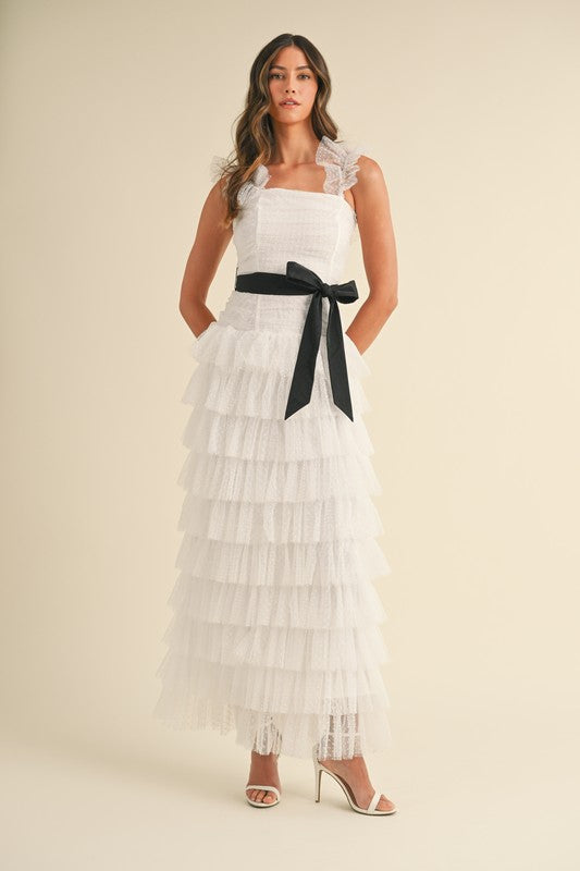 Molly Ruffle Tiered Polka Dot Maxi Dress - White