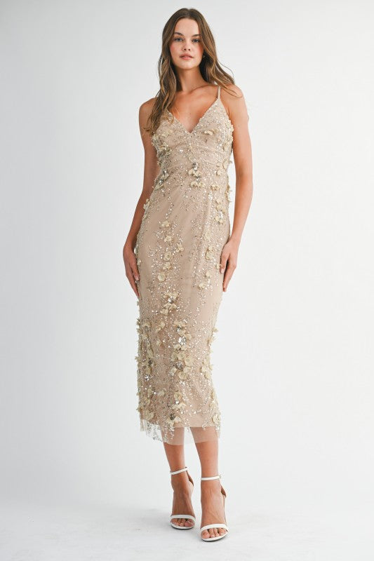 Hazel Sequin Floral Embellished V-Neck Bodycon Maxi Dress - Light Taupe