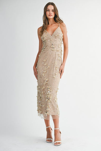 Hazel Sequin Floral Embellished V-Neck Bodycon Maxi Dress - Light Taupe